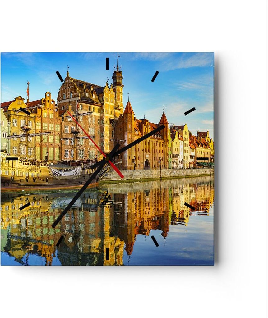 Wanduhr - Quadrat - Glasuhr - Schiff Fluss Architektur Geschichte - 30x30cm - Schleichendes Uhrwerk - Lautlos - zum Aufhängen bereit - Dekoration ...