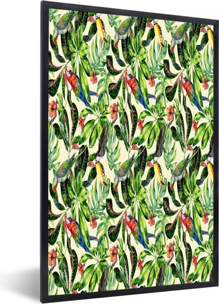 MuchoWow MuchoWow Gerahmtes Poster Blumen - Hibiskus - Vogel - Muster 60x90 cm - Poster mit zchwarzem Bilderrahmen - Kunst