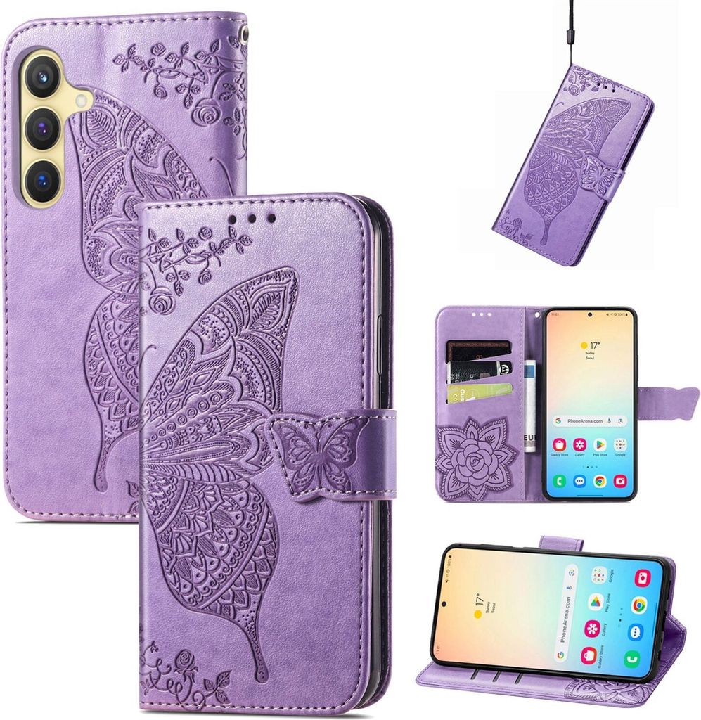 Für Samsung Galaxy S25 Plus 5G Kunstleder Wallet Handy Tasche Schmetterling Design Hülle Etuis Hell-Lila