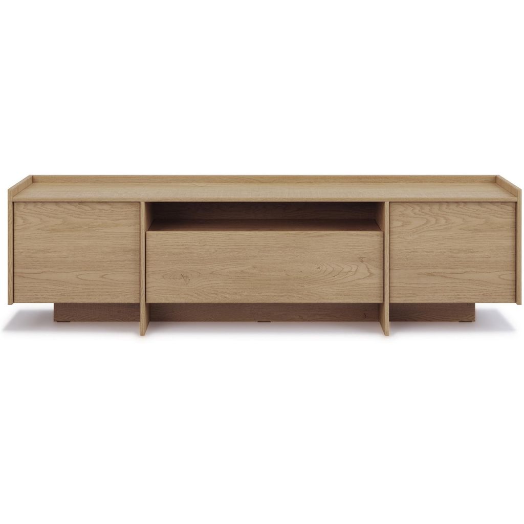 A front view of a wooden TV stand on a white background.
