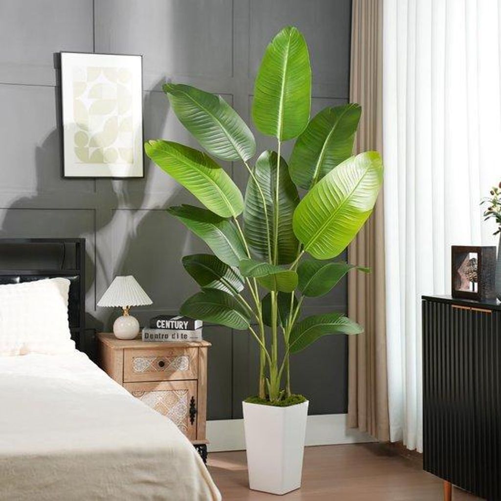 Kunstmatige paradijsvogelplant 7ft met witte bak, tropische palmboom met 13 bananenblättern, kunstzijden planten für Büroräume