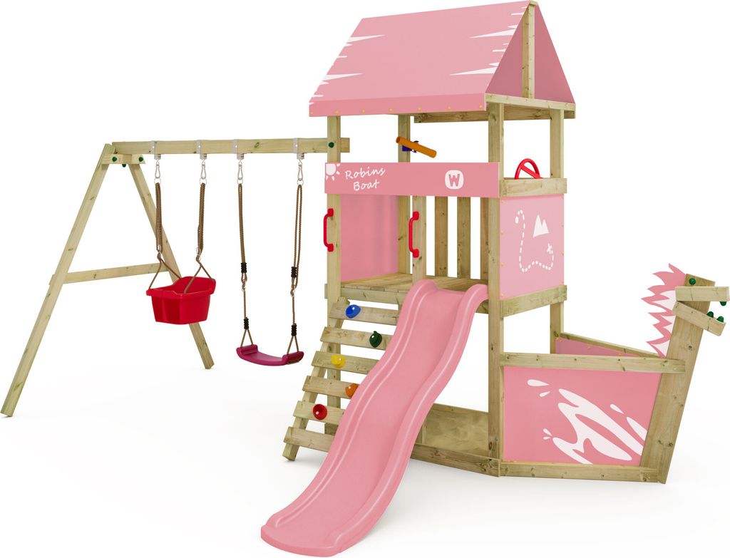 WICKEY Spielturm Klettergerüst DinkyHouse mit Schaukel & Rutsche, Kletterturm mit Sandkasten, Leiter & Schiffsnase – pastellpink