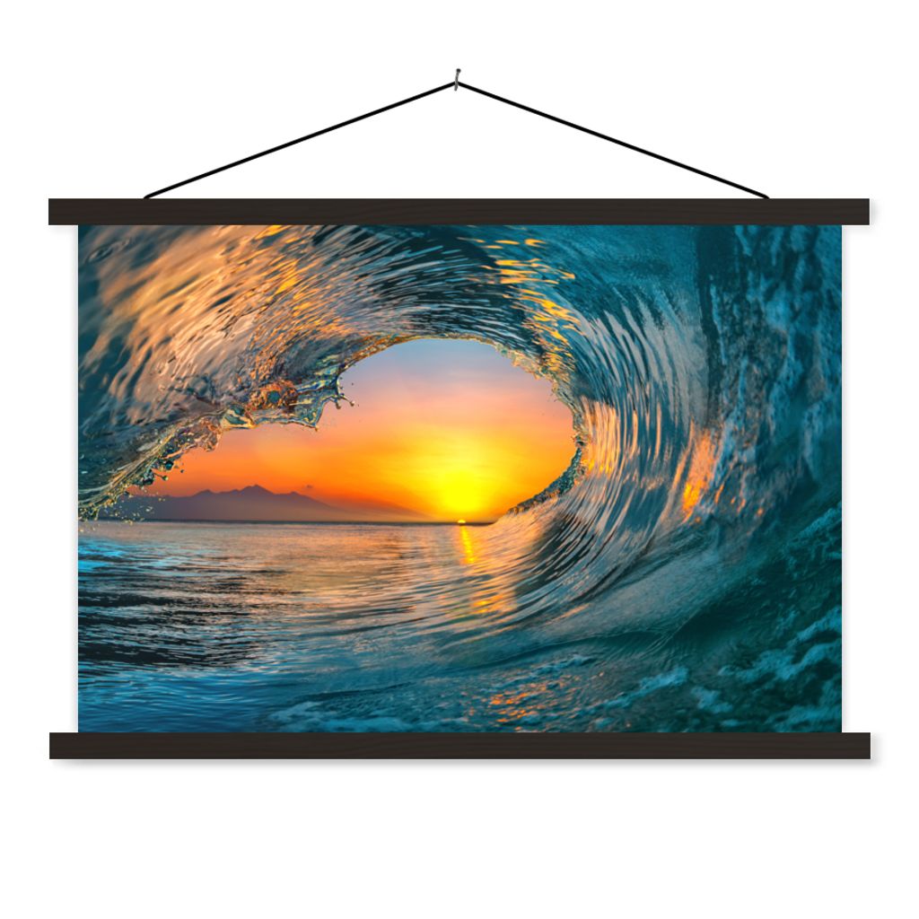 MuchoWow Textilposter Sonnenuntergang - Wasser - Welle - Orange 60x40 cm mit schwarzem Rahmen - Hölzernes