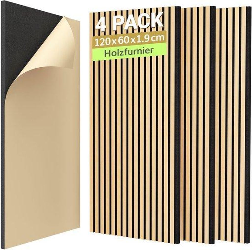 Tonor akoestische 3D wandpanelen met houtlook, eiken, 120x60x1,9 cm, zelfklevend, 2,88 m², 4 stuks