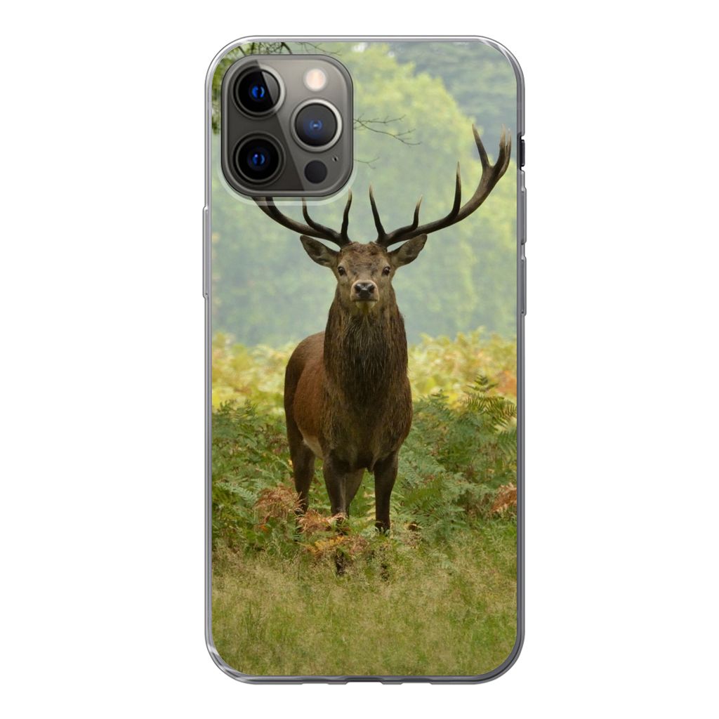 MuchoWow Handyhülle Schutzhülle Hülle für iPhone 12 Pro Rothirsch - Natur - Grün Silikon Softcase Handy Hülle - Abdeckung