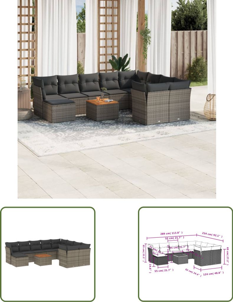 The Living Store 11-tlg. Garten-Sofagarnitur mit Kissen Grau Poly Rattan