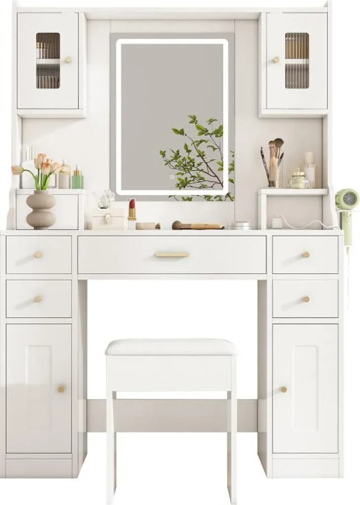 Grande coiffeuse avec éclairage LED réglable et prises, blanche - Modèle XL - 4