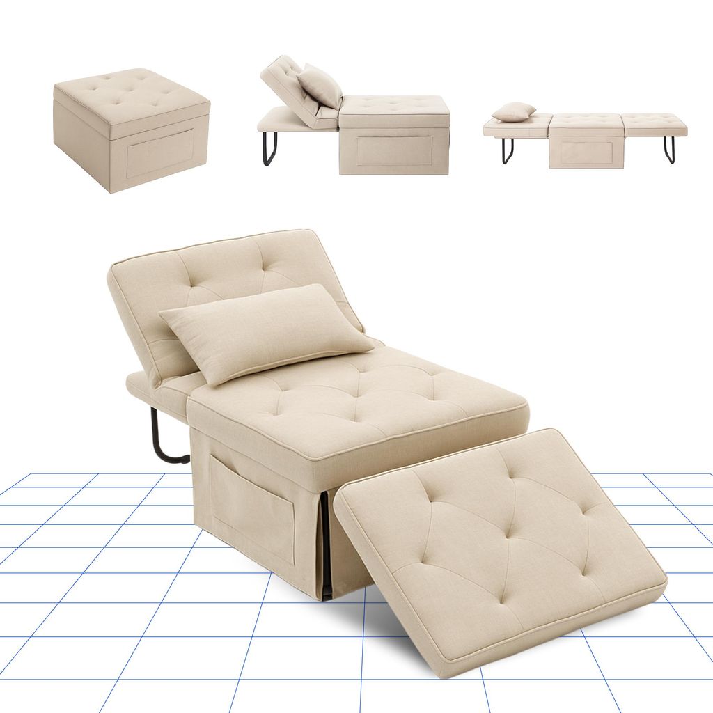 A collage of images showing a beige convertible sofa bed in different configurations, including a folded ottoman, a chaise lounge, and a fully extended bed.