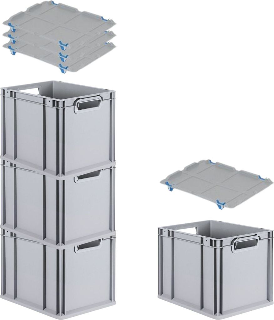 SuperSparSet 4x Eurobox NextGen Grip mit Auflagedeckel inkl. 4 blauen Schiebeschnappverschlüssen | HxBxT 32x30x40cm | 30 Liter | Griffe offen | Gl...