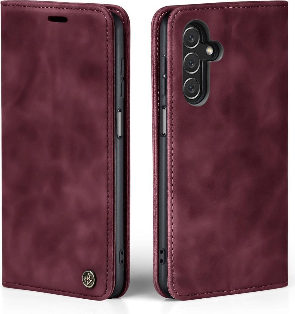 A burgundy flip case for a smartphone, shown from the front and back.