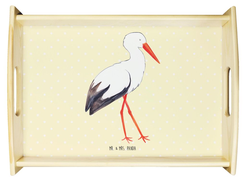 Mr. & Mrs. Panda Serviertablett Storch - Gelb Pastell - Geschenk, tablett aus holz, Geburt, Mütter, Schwanger, Sofa, Lustige Sprüche, Baby, Servi...