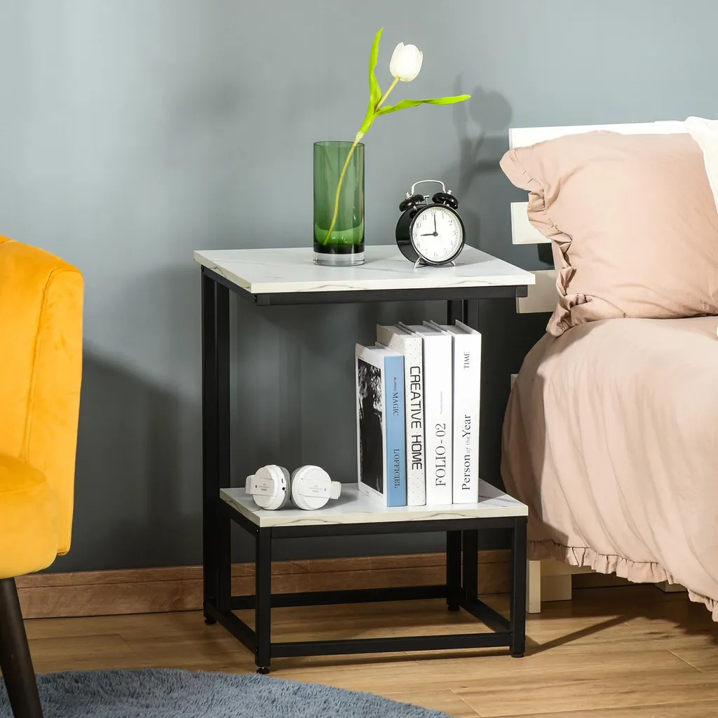 Table d'appoint chambre et séjour avec étagère effet marbre chic - 4