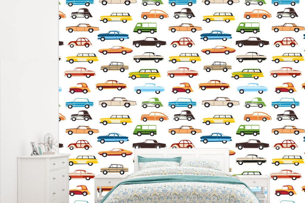 MuchoWow Fototapete für Wohnzimmer oder Schlafzimmer Wandtapete Vinyl Motivtapete Muster - Auto - Retro - Jungen - Kinder - Kind - 265x220 cm - ...