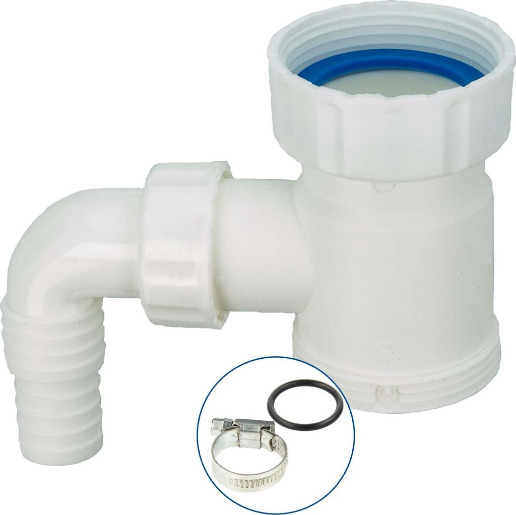 A white plastic plumbing fitting with a blue ring and a metal hose clamp and rubber ring in a circle.