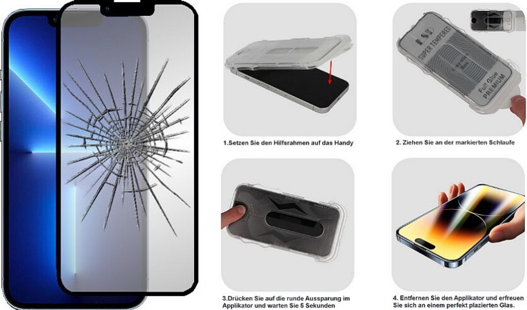 Komplett Echtglas-DisplaySchutz - Apple iPhone 13 Pro Max - mit MONTAGE-RAHMEN