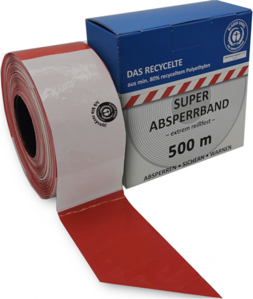 Absperrband, "Blauer Engel", recycelt, rot/weiß geblockt - Rol. à 500 m, 500 m