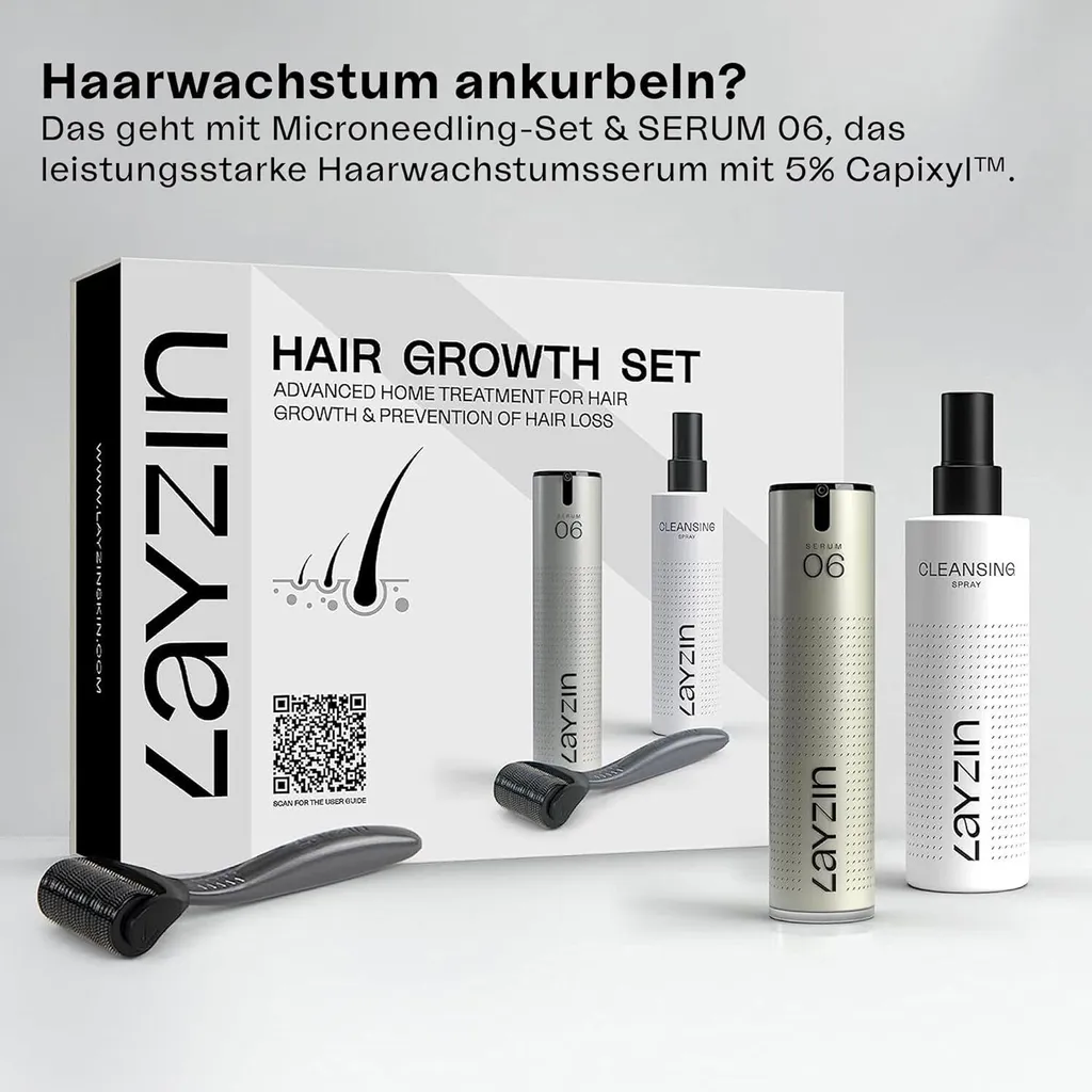 Set di cure LAYZIN per una crescita sana dei capelli | stimola la crescita dei capelli | set composto da dermaroller con testina con microaghi da 1,2 mm e SERUM 06 per la caduta dei capelli