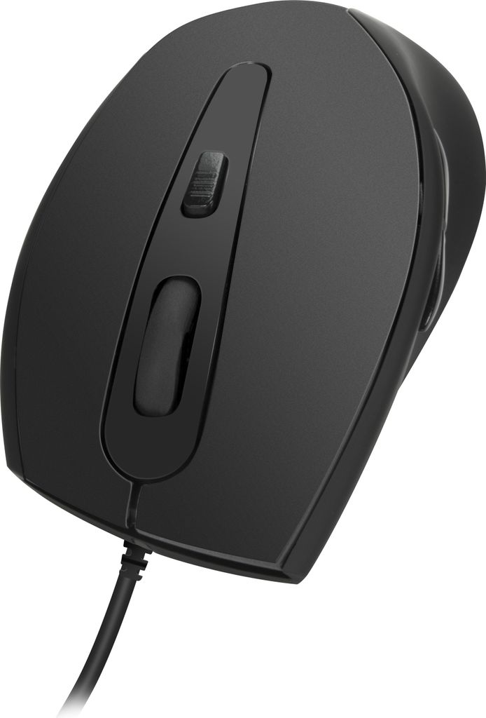 A black computer mouse is shown from a diagonal angle against a white background.