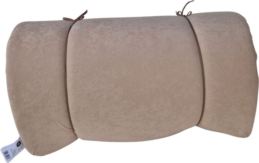 A rolled-up beige mattress is shown against a white background.