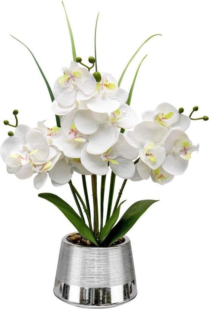 40 cm kunstmatige orchidee, kunstmatig in pot, zilver, kunstmatige orchidee met 14 bloemen, bonsai voor woonkamer, kantoor, bruiloftsdecoratie