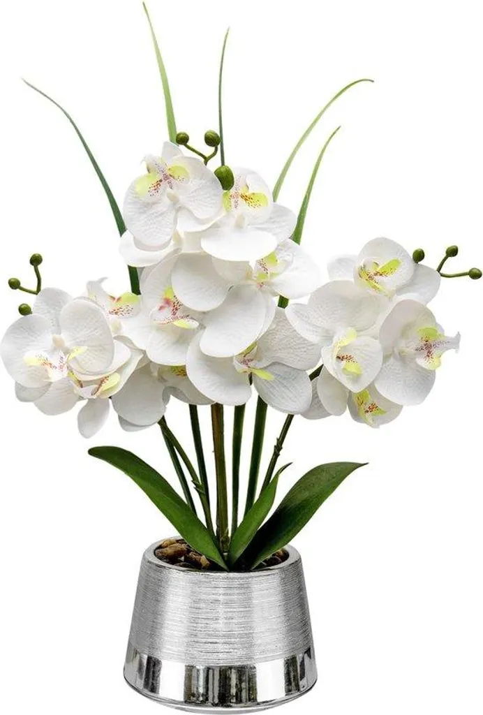Décoration de Mariage Orchidée Artificielle Argentée 14 Fleurs en Pot