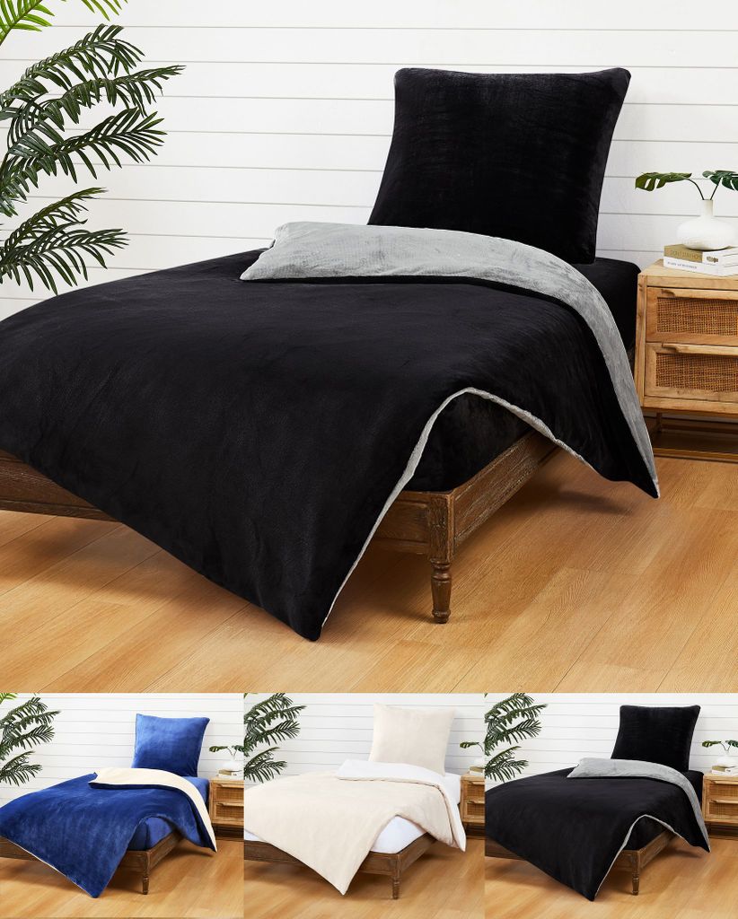 JACK Teddy Flausch 135x200cm Wende Bettwäsche Uni Plüsch Cashmere Touch Weiß Creme Blau Schwarz Grau Warm, Farbe:Schwarz/Grau