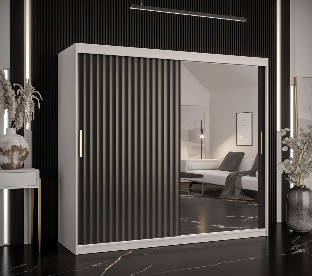 Kleiderschrank mit Spiegel RADKIN 2 – Breite 200 cm, weiß / schwarz