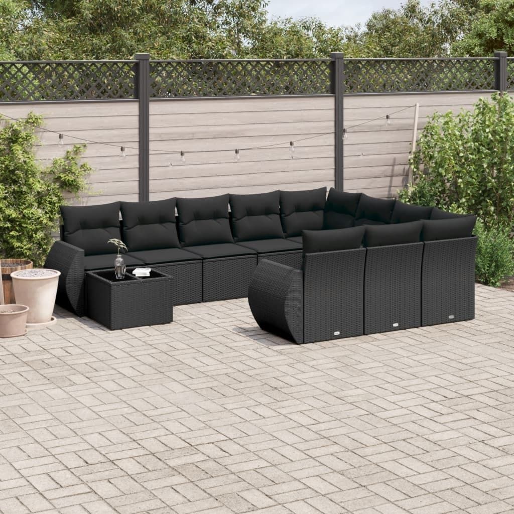 11-tlg. Garten-Sofagarnitur mit Kissen Schwarz Poly Rattan 3221924
