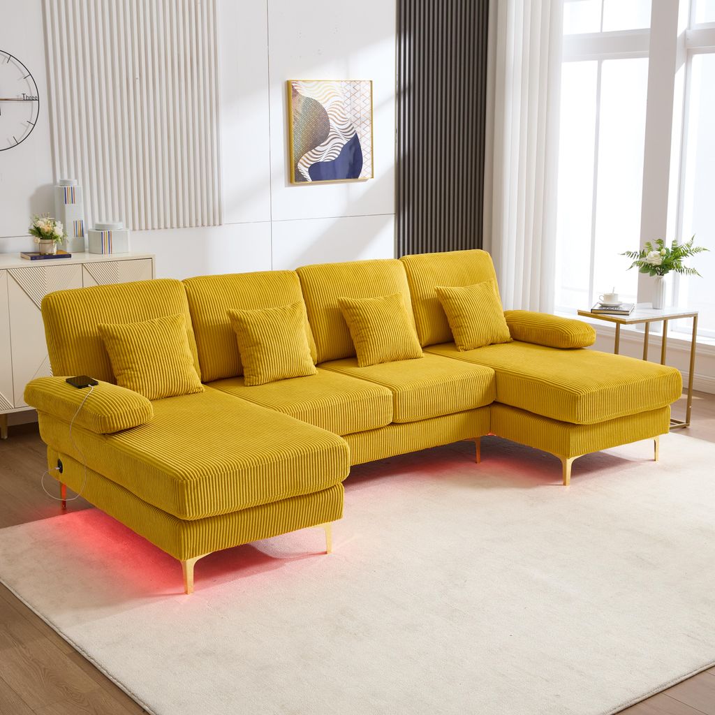 okwish Modernes Ecksofa mit LED Ambientebeleuchtung & der USB-C-Port,Loungesofa mit 4 Kissen & ergonomische Premium Rückenlehne,Modulares Sofa,Gelb