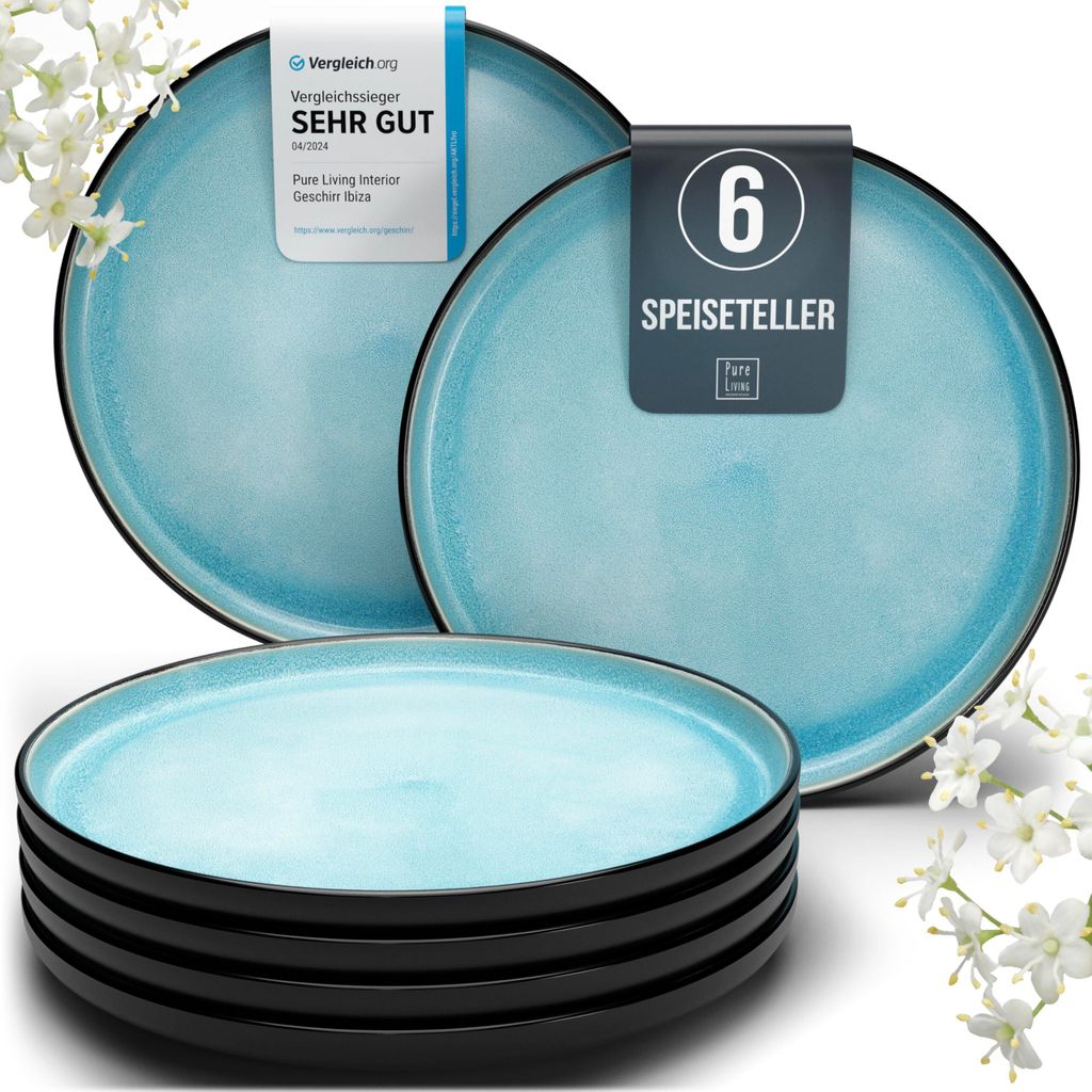 Steingut Teller groß 6 Pers. Ibiza Hochwertiges Mediterranes Speiseteller Set - Spülmaschinen-, Mikrowellen- und Kratzfest - Stylisches Teller Set