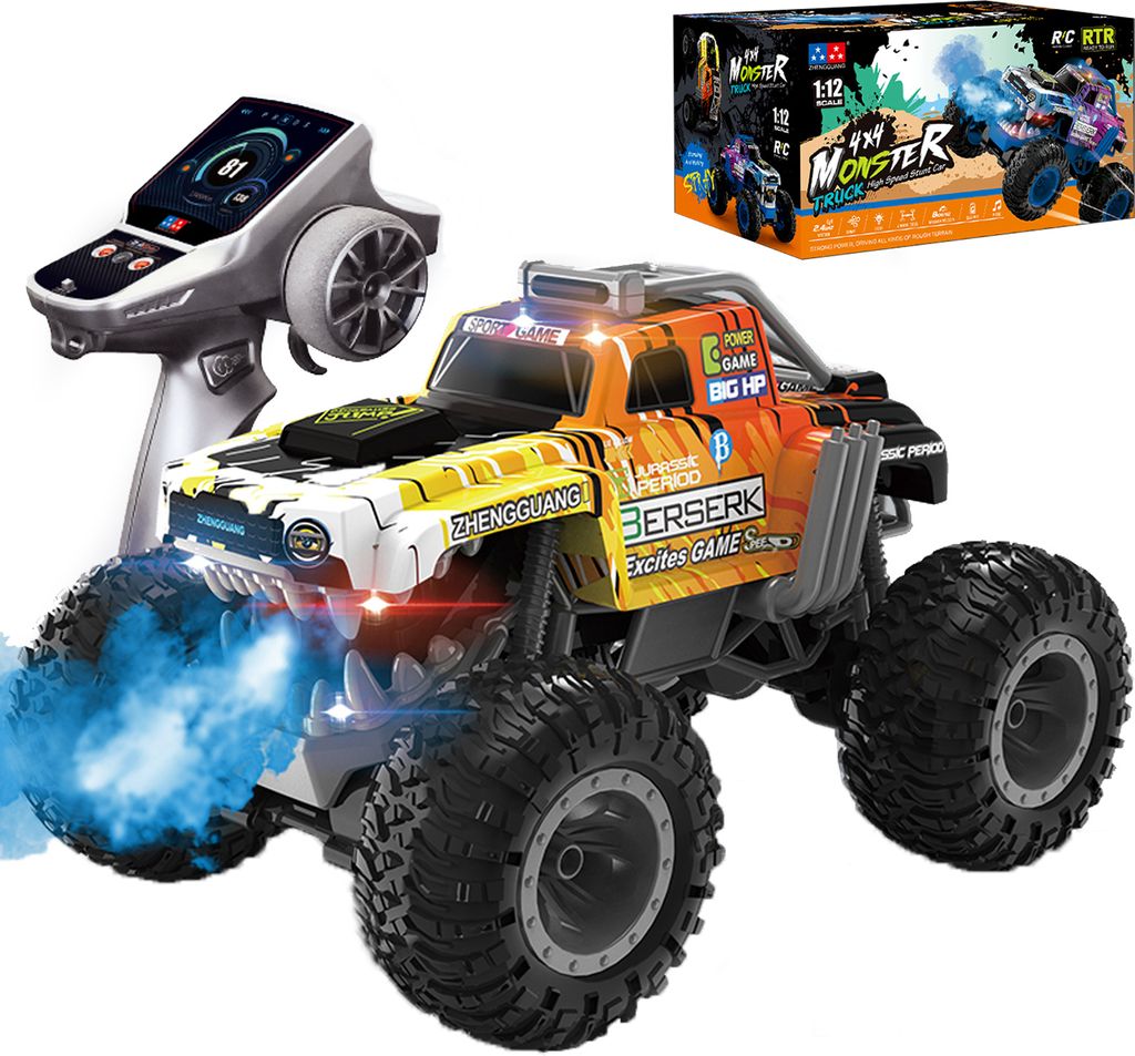 RC Auto Ferngesteuerter 1:12 Monster Truck Ferngesteuert mit Spray, Ferngesteuertes Auto ab 3 Jahre Mädchen Kinder