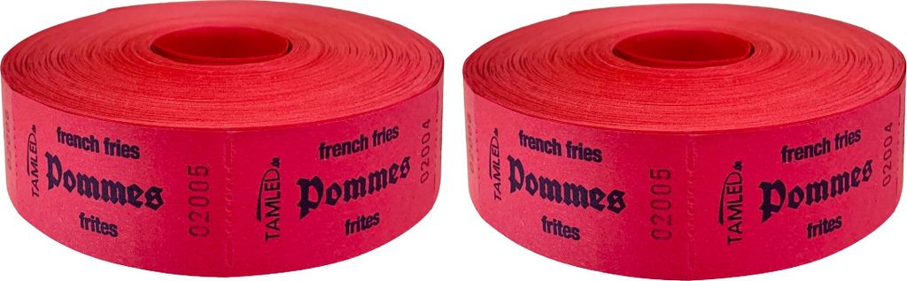 Bonrollen Pommes frites rot dreisprachig 2 Rollen je 1000 Abrisse perforiert