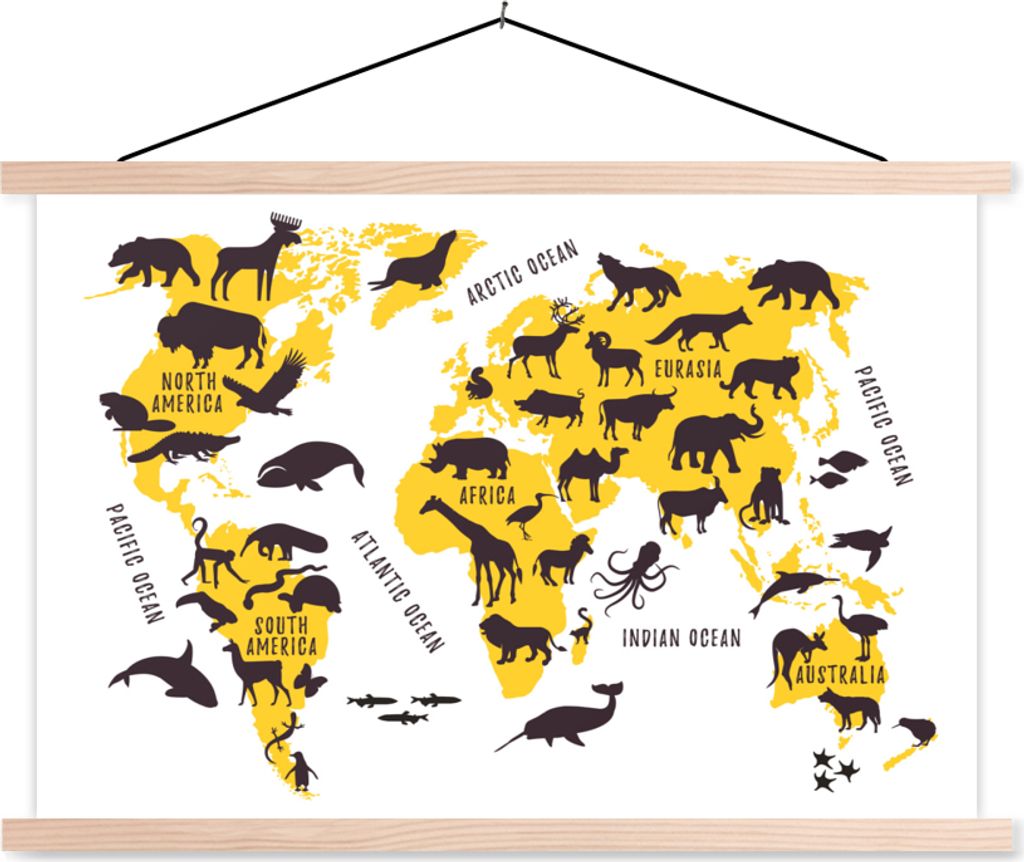MuchoWow Textilposter Weltkarte - Gelb - Tiere 120x80 cm mit holzfarbenen Rahmen - Aufhängeset
