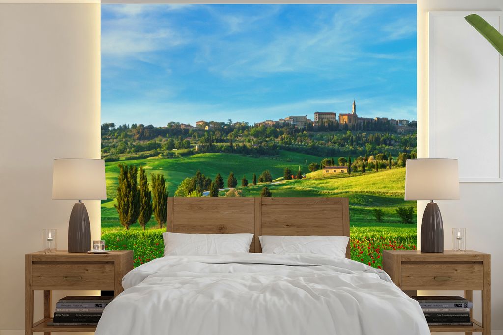 MuchoWow Fototapete für Wohnzimmer oder Schlafzimmer Wandtapete Vinyl Motivtapete Toskana - Landschaft - Blumen - 260x260 cm - Papiertapeten