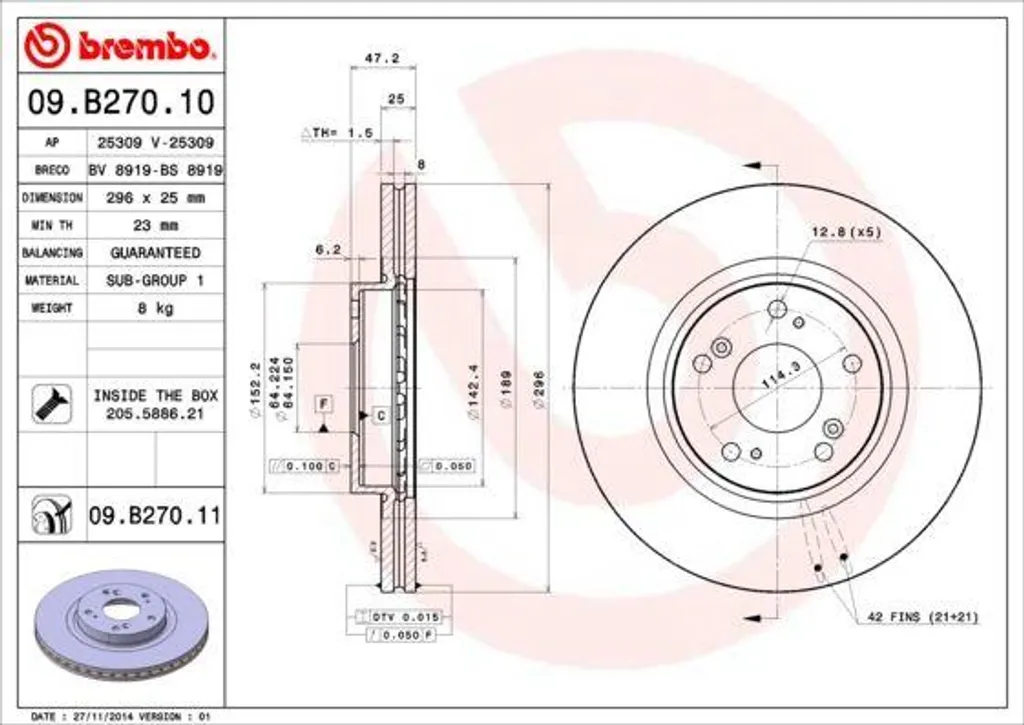 Brembo 09.B270.11 Disque de Frein pour Accord VIII - OE 45251TL1G00