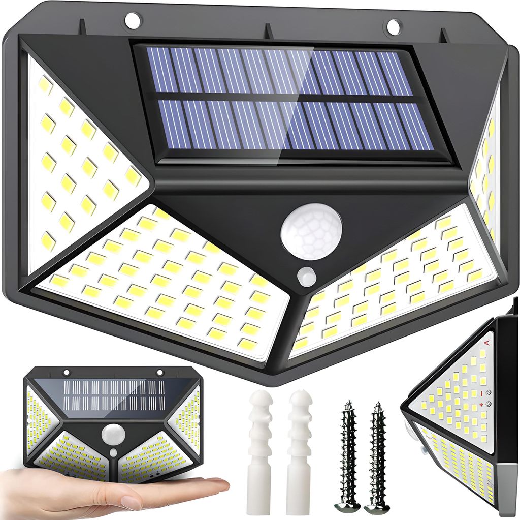 A collage of solar-powered outdoor lights, including a main product shot, a smaller product in hand, and mounting hardware.