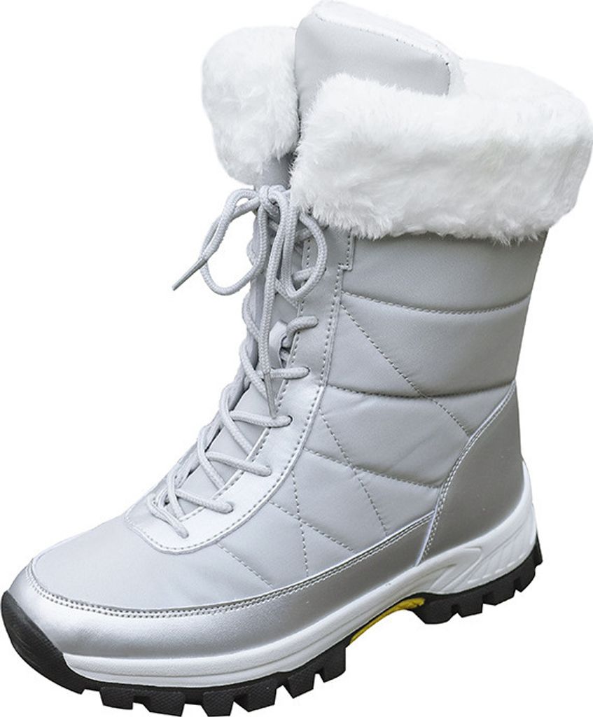 Damenstiefel mit dicken Sohlen, warme Winterplüschschuhe, modische Damen-Schneestiefel in der Mitte der Wade, rutschfeste graue flache Schuhe (35-40)
