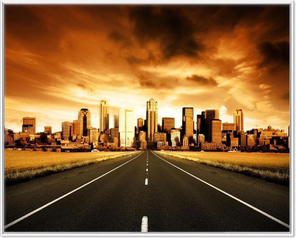 Wallario Wandbild Skyline am Ende der Straße, Größe: 40,30 x 50,30 cm, Poster mit weißem Aluminiumrahmen
