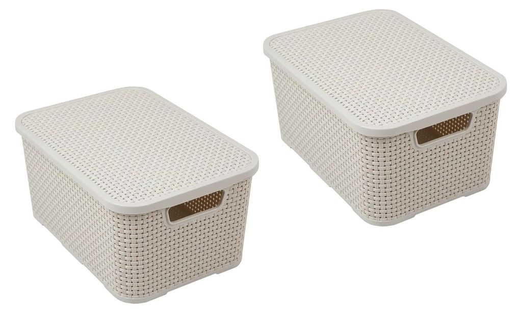 BranQ - Deckelkorb im Rattan Design 2er Set Größe M 10 l, Kunststoff PP, Creme