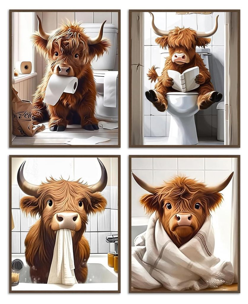 4er-Set lustige Highland-Kuh-Poster, Leinwand, 20x25 cm, ungerahmt
