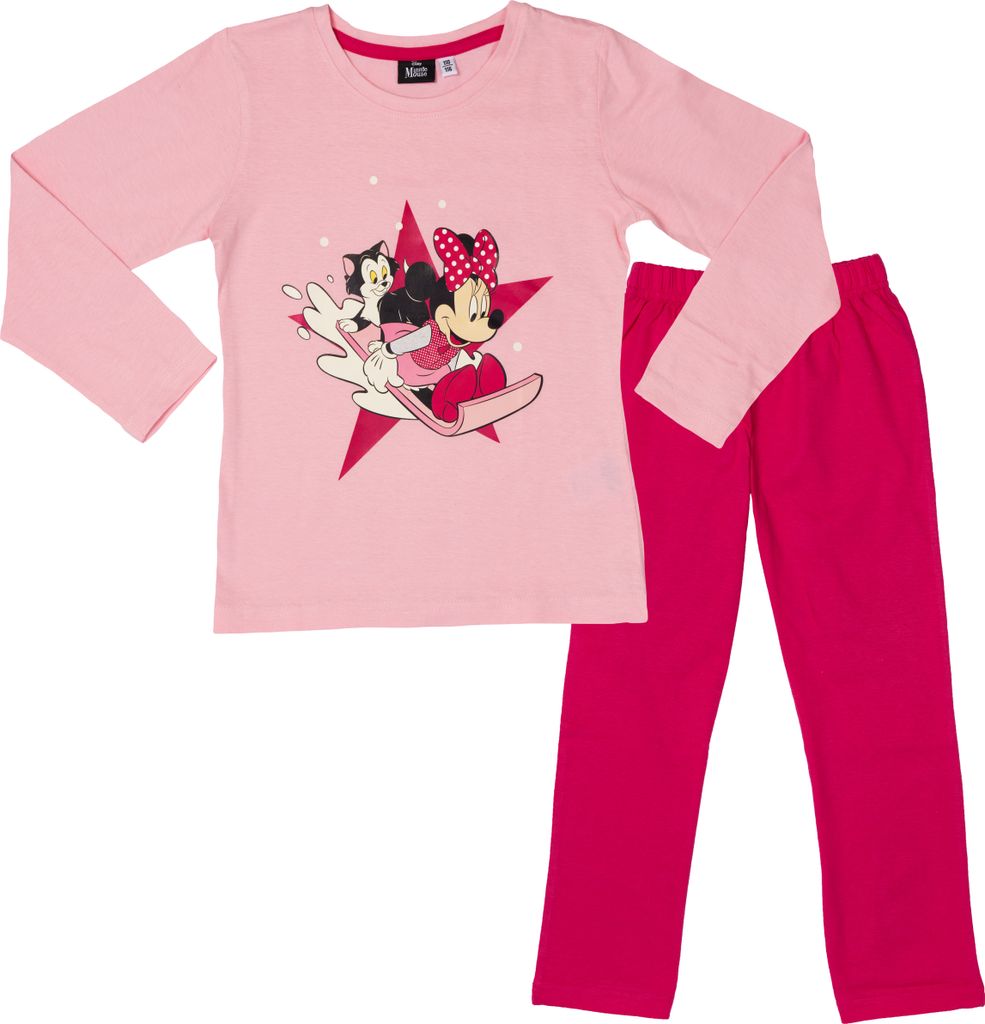 Disney Minnie Mouse Schlafanzug für Mädchen - Minnie & Daisy Kinder Pyjama Set Langarm Oberteil mit Hose Rosa/Pink 122-128