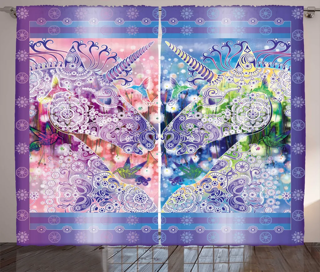 Décoration de Chambre Enfant : Rideau Licorne Rose et Violet 280x225