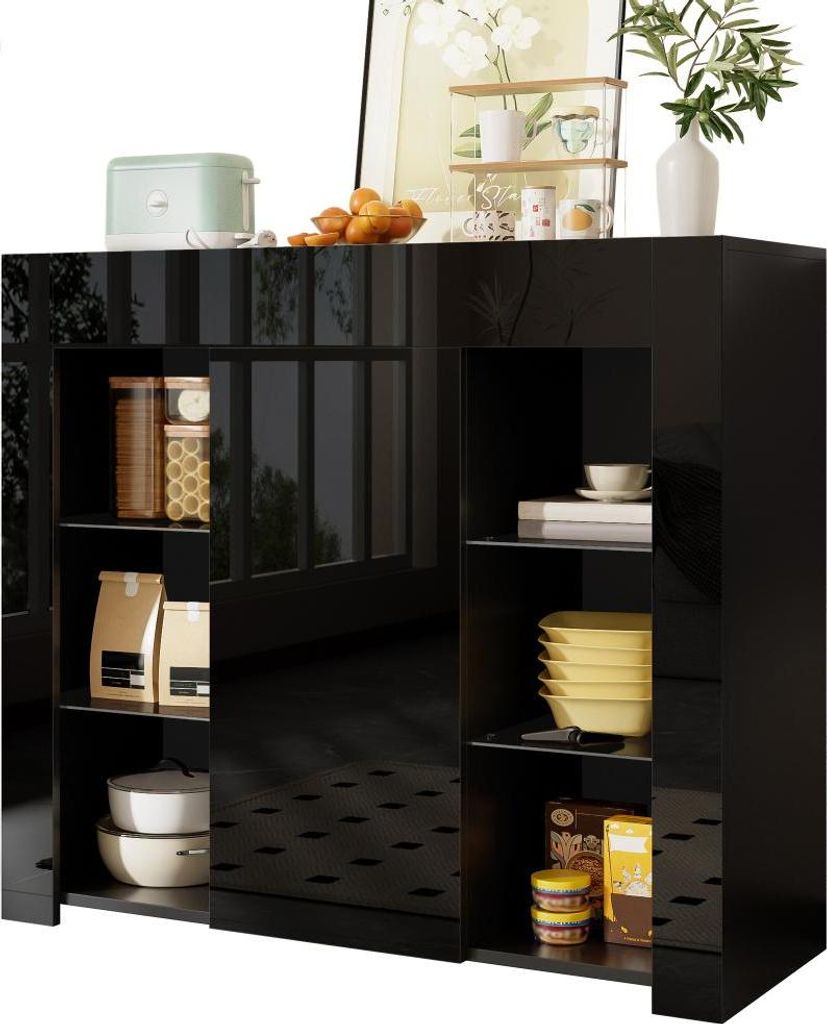 AIORBER Weiß/Schwarz Buffet Hochglanz Front 95x35x83 cm Kompakte Anrichte Sideboard mit Glasregalen und Tür Modern Wohnzimmer
