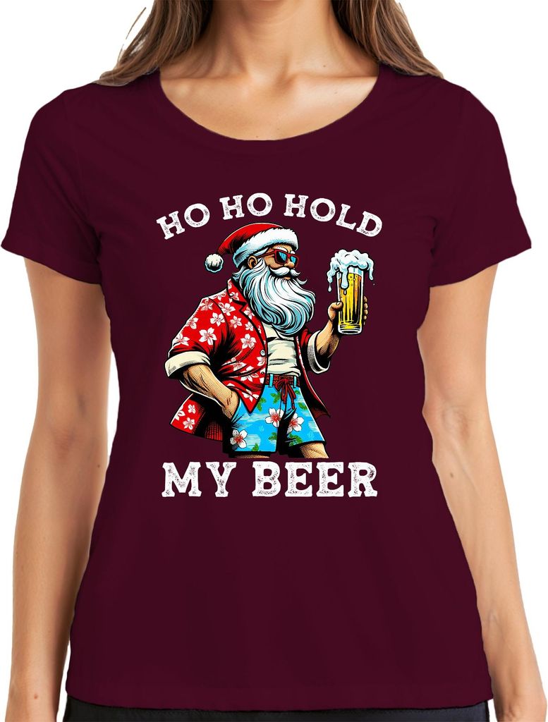 Ho Ho Hold My Beer Weihnachtsmann Spaß Hawaii Shirt Design Damen T-Shirt, Burgundy, M