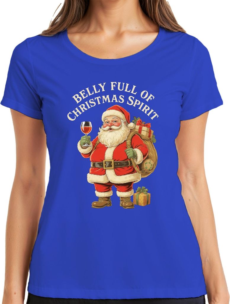 Belly Full Of Christmas Spirit Weihnachtsmann Santa Wein Lustig Damen T-Shirt, Blau, M
