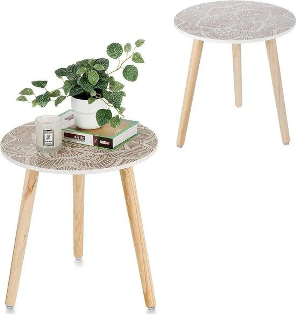 Lot de 2 petites tables d'appoint rondes Boho Floral blanches en bois