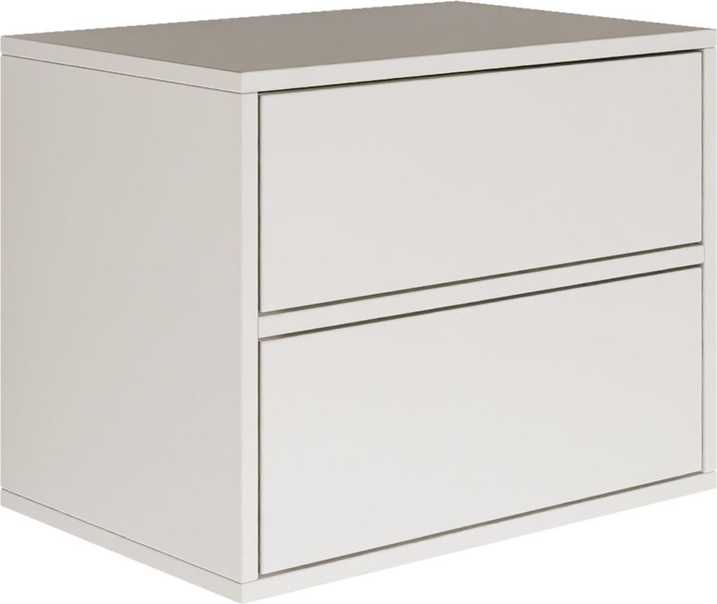 A white, two-drawer nightstand is shown from a three-quarter angle against a white background.