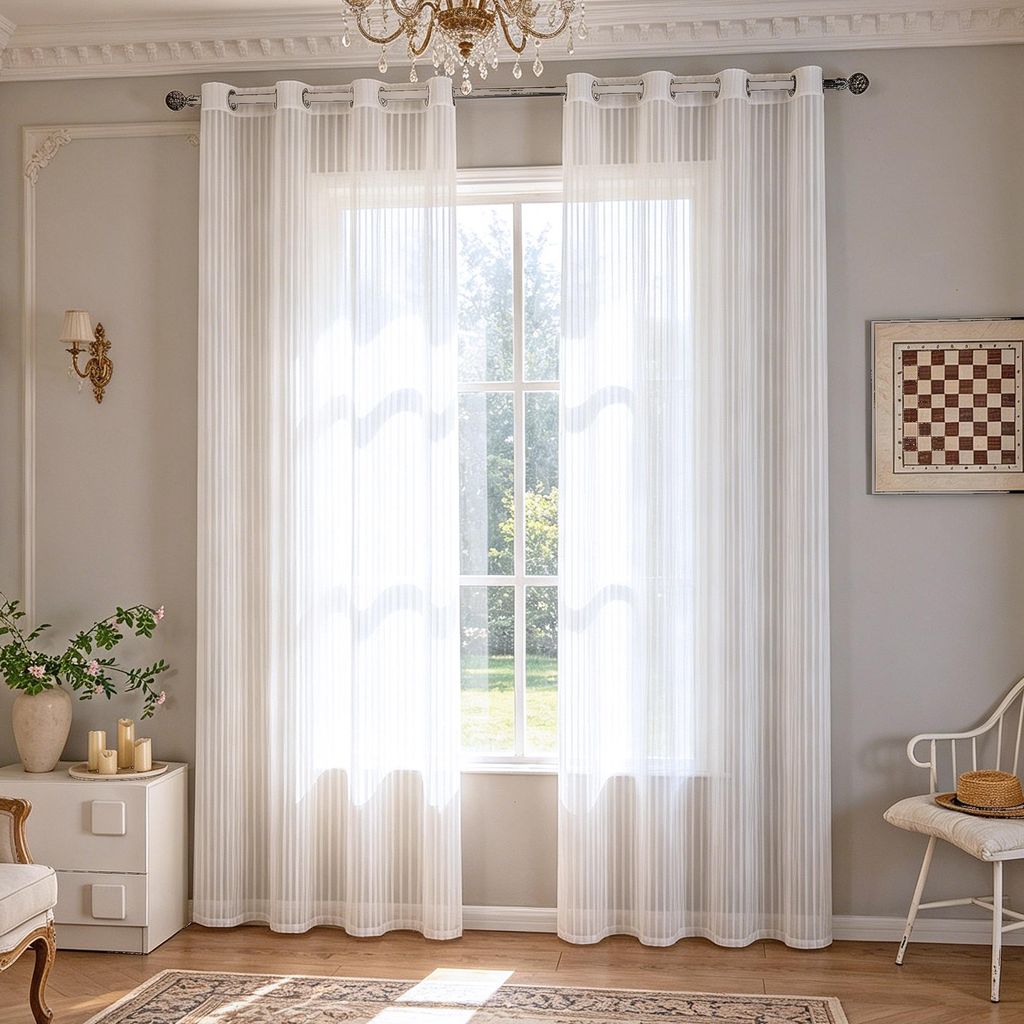 2er Set Voile Vorhänge Weiß 110g/m² Dezente Streifenoptik Schwerer Stoff Gardinen Transparent Ösen Sichtschutz Längsstruktur Soft Voile Schals...