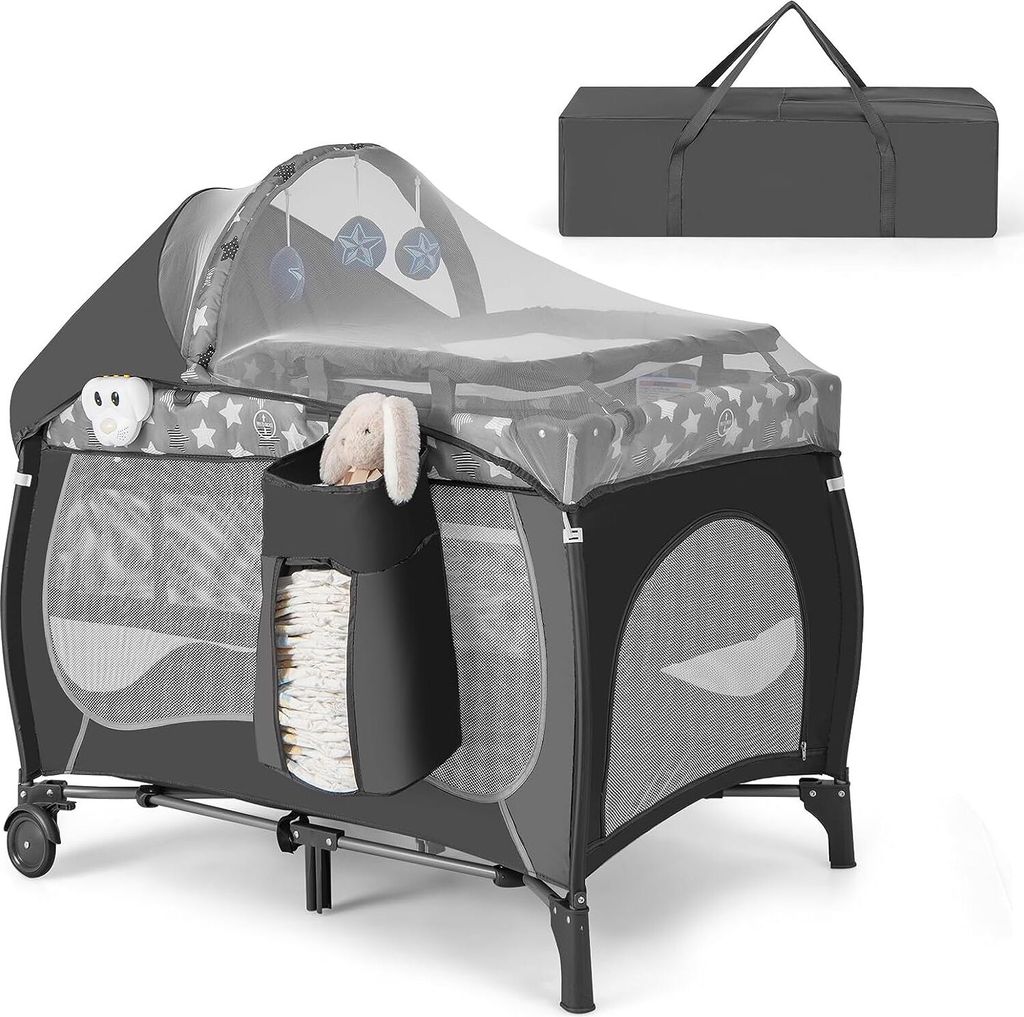 102 x 72 cm Reisebett Faltbar, Beistellbett Baby mit Matratze & Rollen & Moskitonetz & Wickelauflage, 3 in 1 Babybett für Neugeborene & Kinder 0-3...