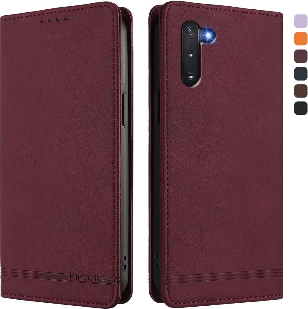 Hülle für Samsung Galaxy Note 10, Retro Kunstleder Ständer Klapphülle mit Kartenfächer und Magnetische Rot